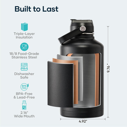 BUZIO 40oz Insulated Water Bottle, Triple Wall Vacuum Stainless Steel Water Flask with 2 lids, Lead-Free BPA-Free Straw Lid Sports Canteen Jug, Cold 48H & Hot 24H- Black - Colors A
