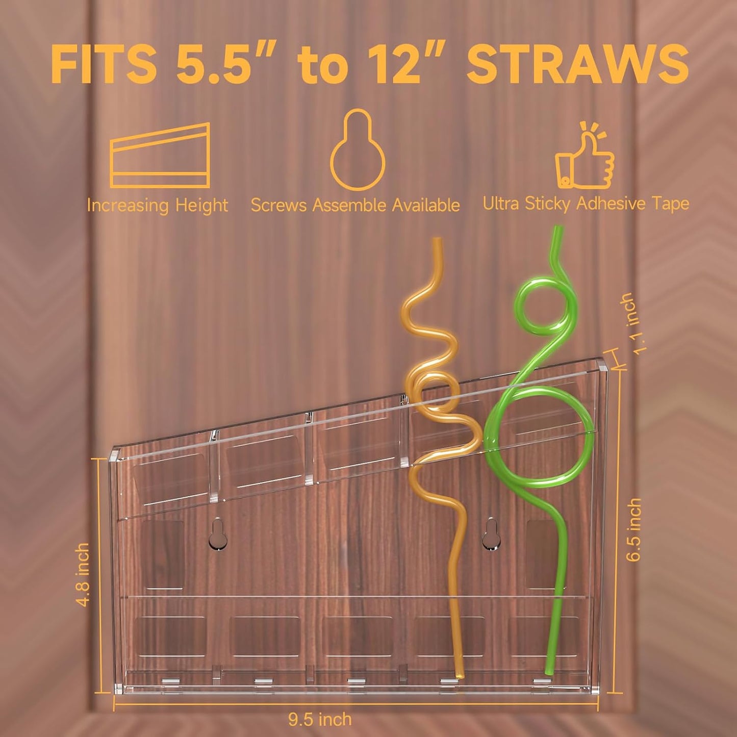 Acrylic Straw Holder for Cabinet - 9.5 Inch Clear Reusable Straw Organizer Dispenser with Ultra Sticky Adhesive Tapes, Slanted Kitchen Accessories Container Cupboard Door Mounted