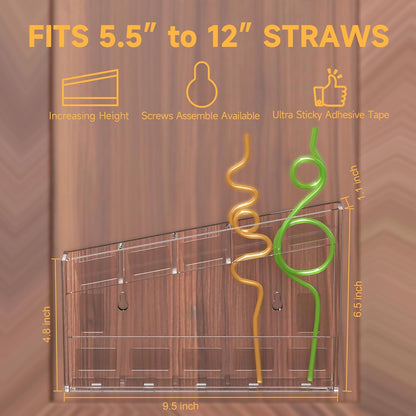 Acrylic Straw Holder for Cabinet - 9.5 Inch Clear Reusable Straw Organizer Dispenser with Ultra Sticky Adhesive Tapes, Slanted Kitchen Accessories Container Cupboard Door Mounted