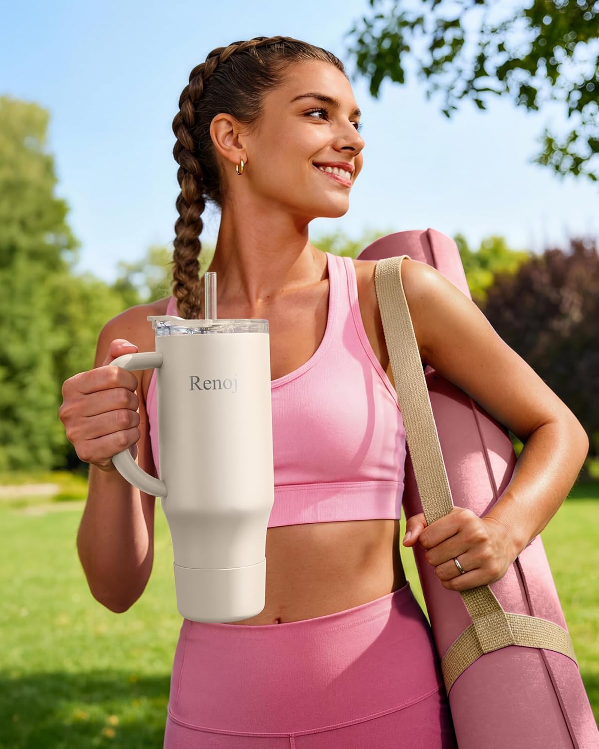 Renoj Insulated Mug 100% Leak Proof Insulated Water Bottle for Iced Coffee & Hot Drinks - Fits Car Cup Holder, Ideal Gift, 2 Straws & Silicone Boot - SnapShift Pink 32 oz