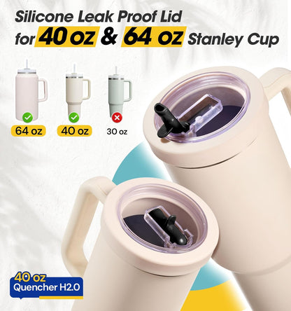 40 Oz Tumbler Flip Straw Lid for Stanley Quencher, Silicone Leak Proof Replacement Cover Reusable, Splash Resistant Cup Lids Accessories with Cleaning Brush Set