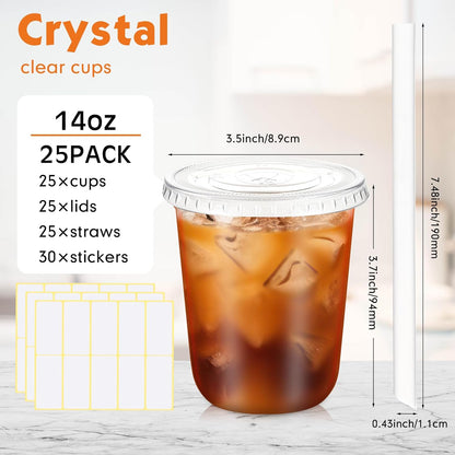 Ziliny 50 Sets Crystal Clear Plastic Cups with Lids, Straws and Stickers, Disposable Iced Coffee Cups Thickened PET for Iced Coffee, Bubble BobaTea, Smoothie, Cold Drinks, Juice, Shops (12 oz)
