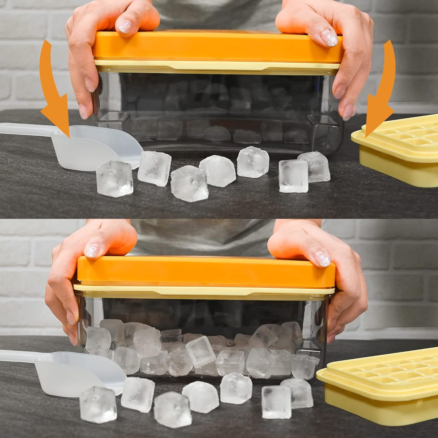 Ice Trays for Freezer with Lid & Bin, Ice Cube Tray Making 64 pcs Ice Cubes, Easy Press to Release Ice, Ice Tray with Storage Bin Chilling Cocktail Whiskey Coffee 2 Trays 1 Ice Bucket & Scoop (Black)