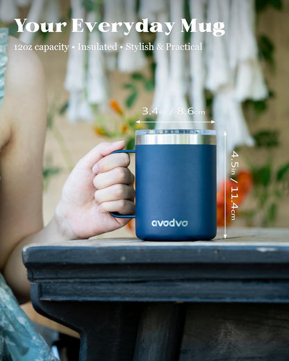 12oz Insulated Coffee Mug with Lid – Includes Two Lids, Stainless Steel Coffee Travel Mug with Handle, Double Wall Vacuum Insulated Camping Mug for Home, Office & Outdoor, Navy Blue