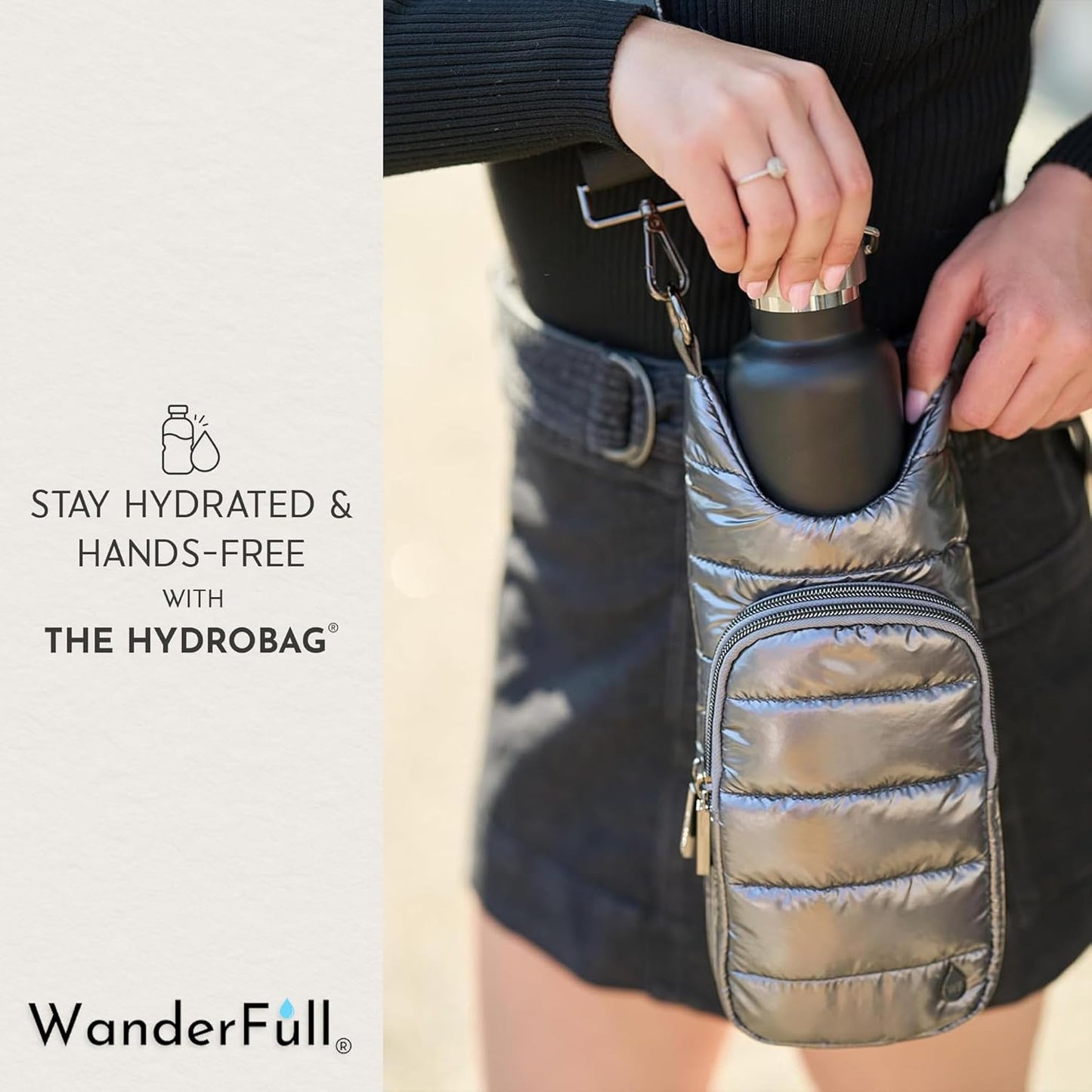WanderFull Original HydroBag Fits Up to 32 oz Water Bottle Holder with Strap – Hands-Free Crossbody Water Bottle Carrier Bag with Phone Pocket - Colors A