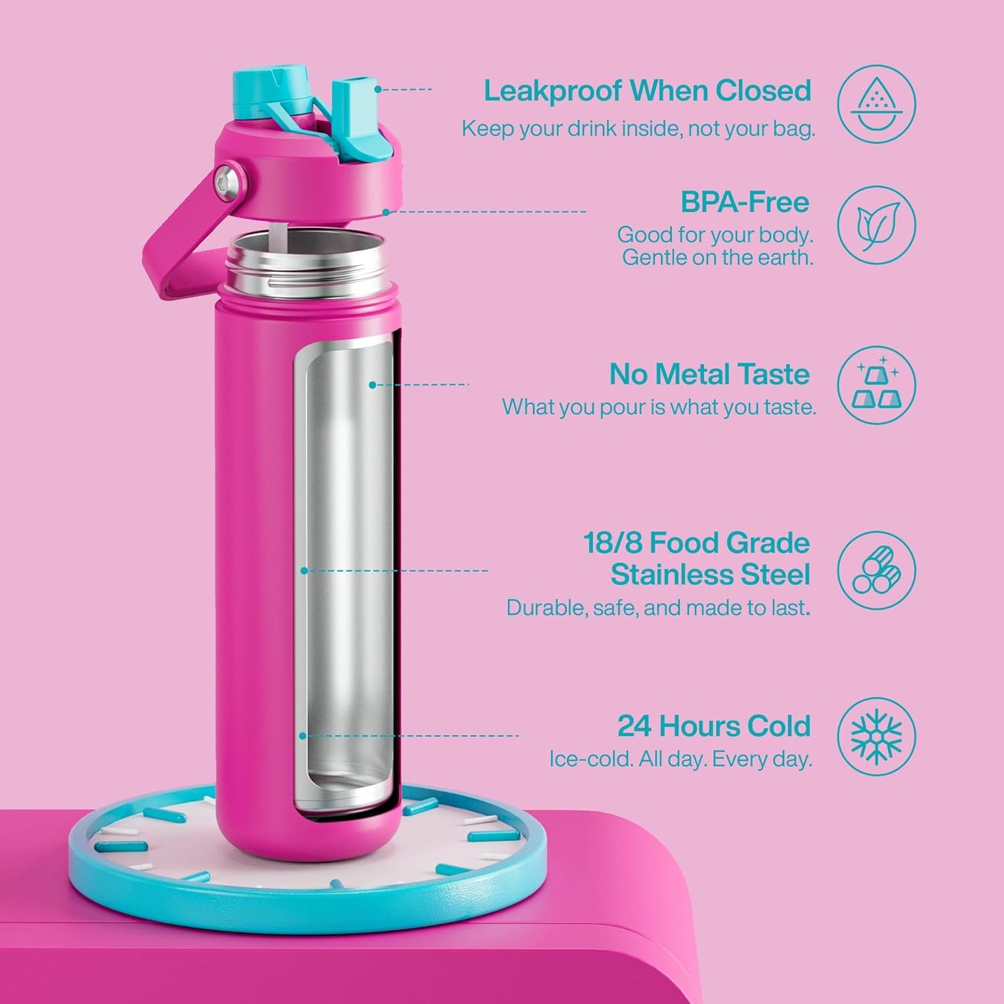 ENCOOL Insulated Water Bottle with Straw Stainless Steel Water Bottle, Leak-Proof, BPA-Free, Double Wall Vacuum Keeps Cold for 24 Hours for Sports, Travel, School (26 oz, Cotton Candy) - Colors C