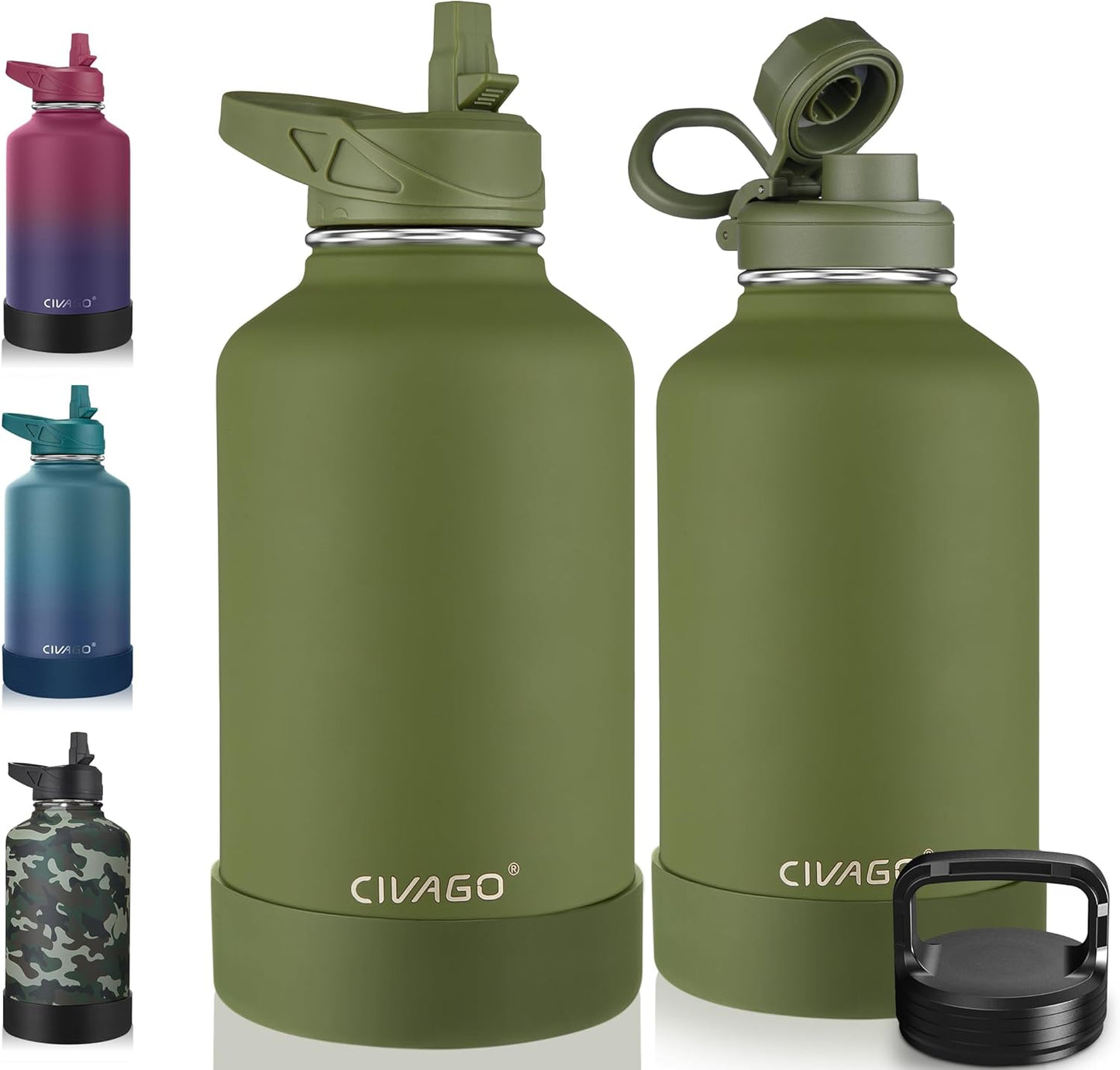 CIVAGO 32 oz Insulated Water Bottle With Straw, Stainless Steel Sports Water Cup Flask with 3 Lids (Straw, Spout and Handle Lid), Wide Mouth Travel Thermal Mug, Black