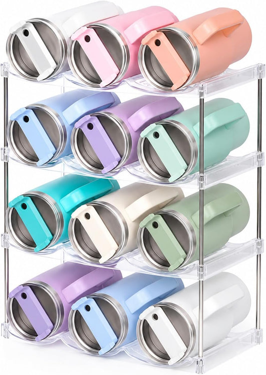 Stackable Water Bottle Organizer for Stanley 40 oz Tumbler, Large Compartment Water Bottle Holder for Cabinet, Clear Tumbler Organizer for Kitchen Countertop Pantry, 4 Pack