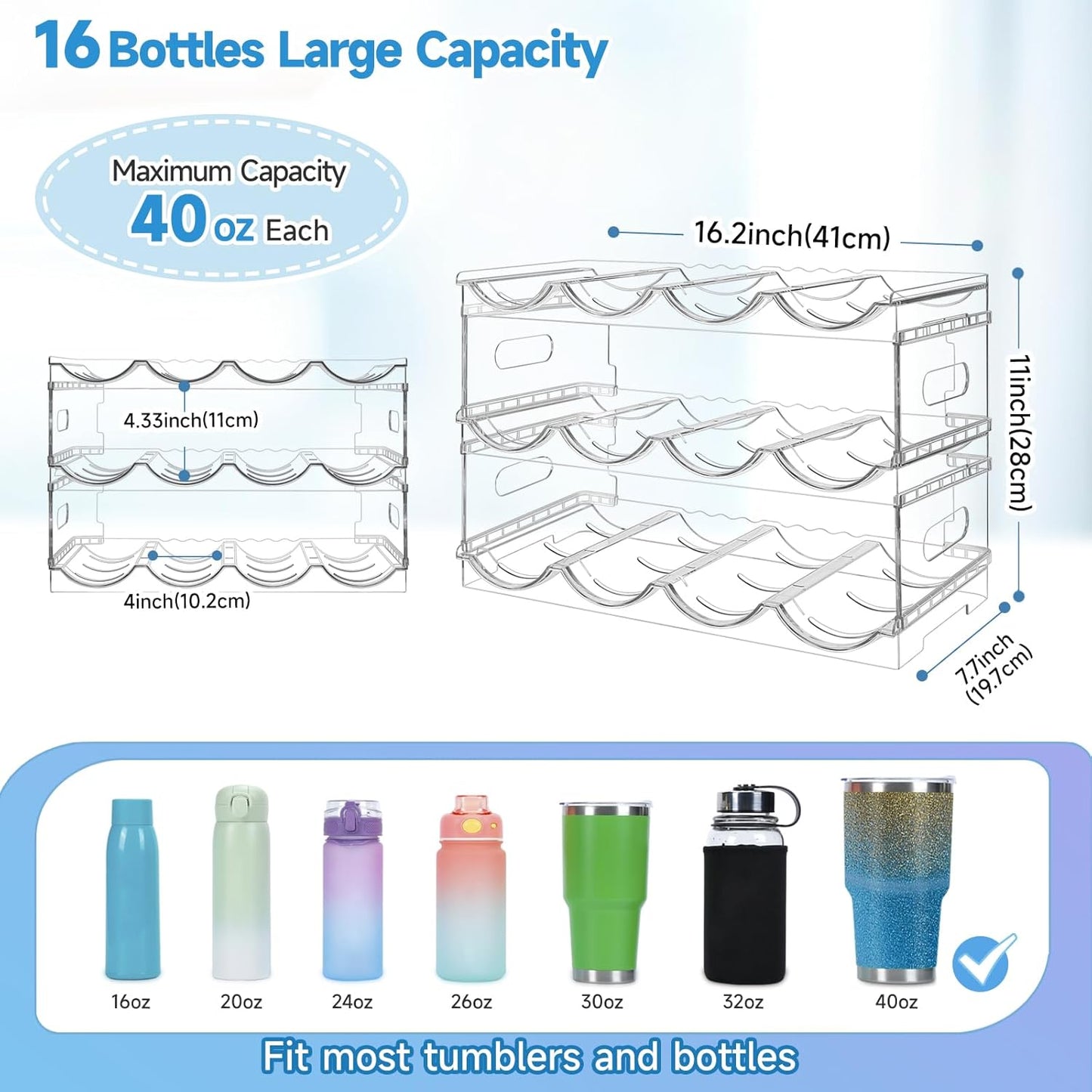 Large Compartment Water Bottle Organizer,4 Tier Stackable Water Bottle Rack for Cabinet,Tumbler Storage Organizer for Kitchen,Fridge,Cabinet Organization and Storage,Clear Water Bottle Storage Rack