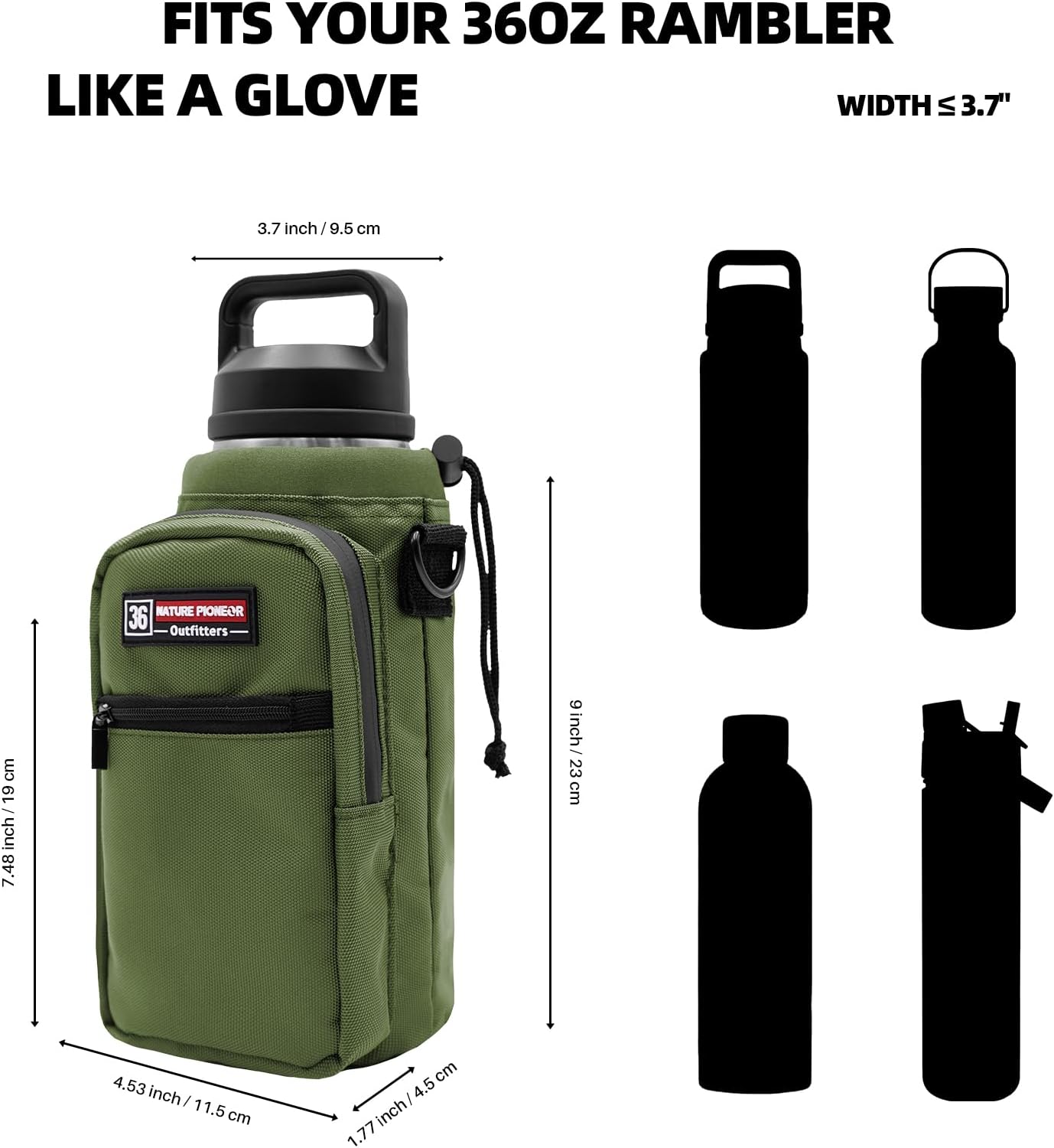 NATURE PIONEOR Water Bottle Holder with Adjustable Strap - 26/32/36/40/46/64oz Insulated Water Bottle Sling Carrier with Paracord Handle & 2 Pockets, Outdoor Sports, Hiking, Camping, Gym