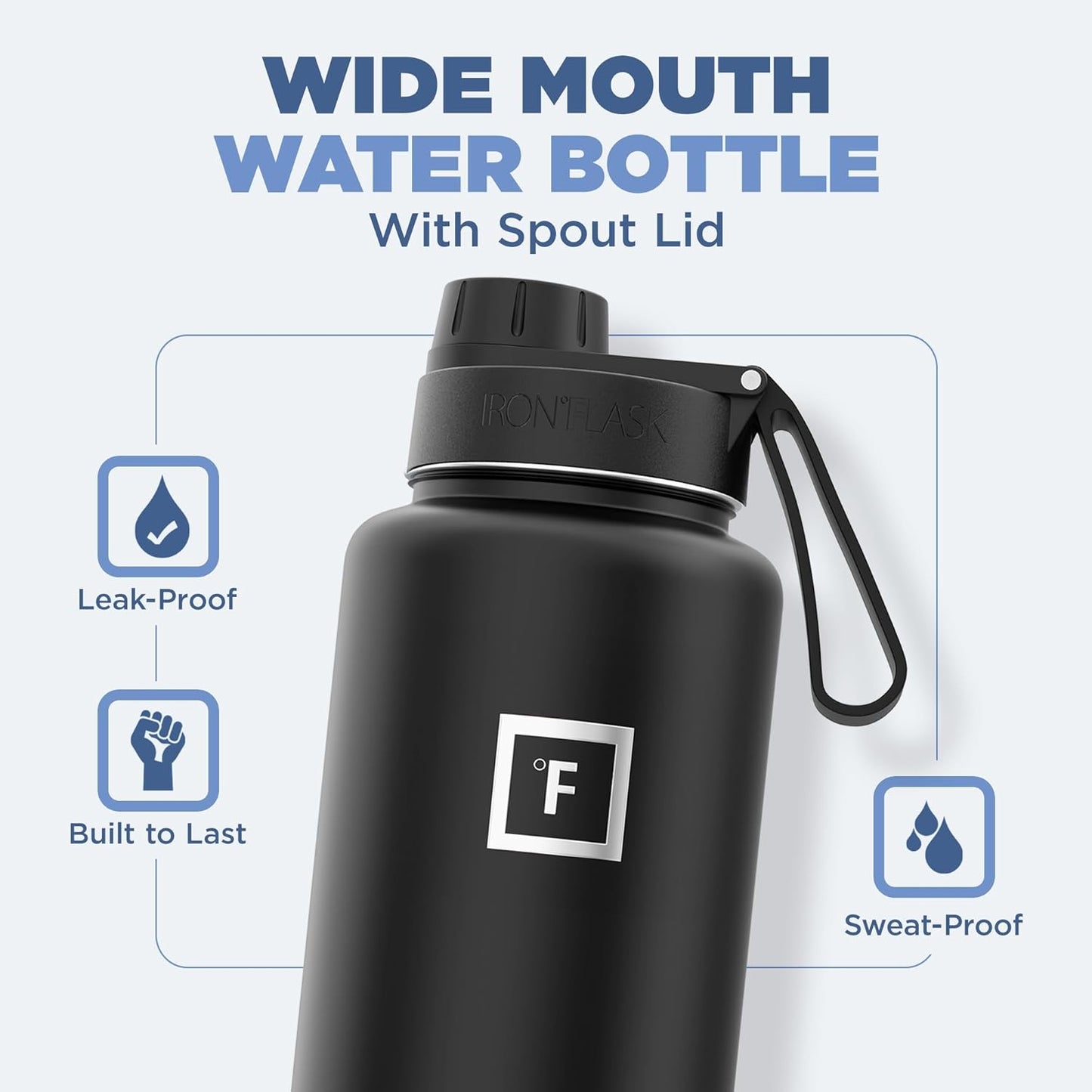 IRON °FLASK Camping & Hiking Hydration Flask with Straw, Wide Mouth Insulated Stainless Steel Sports Water Bottle - 40 oz Midnight Black