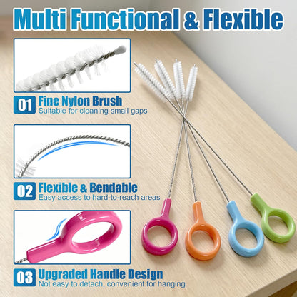 AONEZ Straw Cleaner Brushes Set of 4 – Straw Brush with Non-Slip Handle in Extra-Long Brush for Metal and Plastic Reusable Drinking Straws – Blue, Green, Orange, Pink