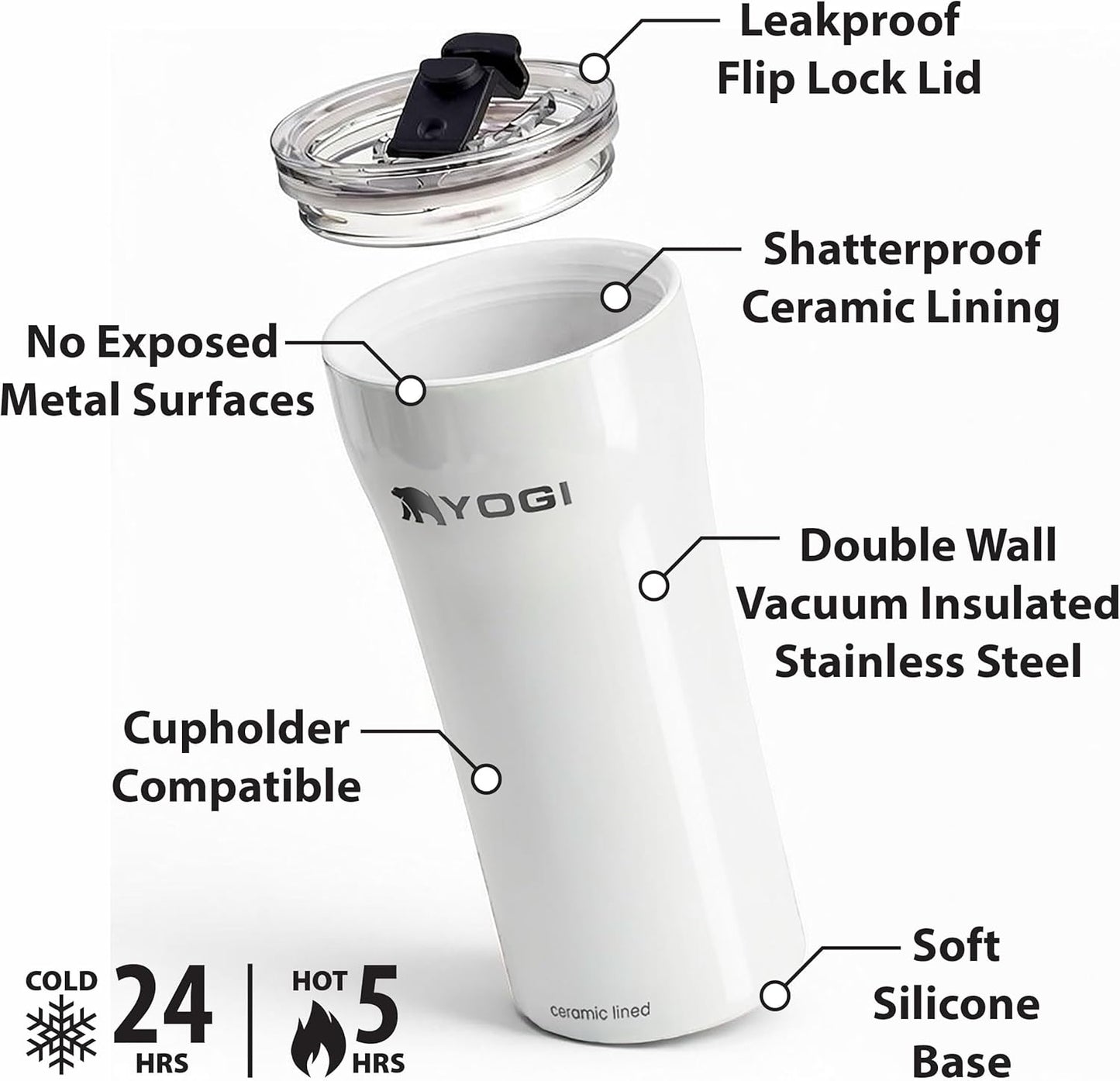 YOGI Ceramic Lined Metal Allergy Safe 16oz Coffee Tumbler with Leakproof Lid BPA Free Vacuum Insulated Stainless Steel Cupholder Friendly Travel Cup for Coffee and Water Sandstone