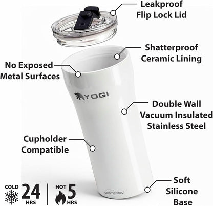 YOGI Ceramic Lined Metal Allergy Safe 16oz Coffee Tumbler with Leakproof Lid BPA Free Vacuum Insulated Stainless Steel Cupholder Friendly Travel Cup for Coffee and Water Sandstone