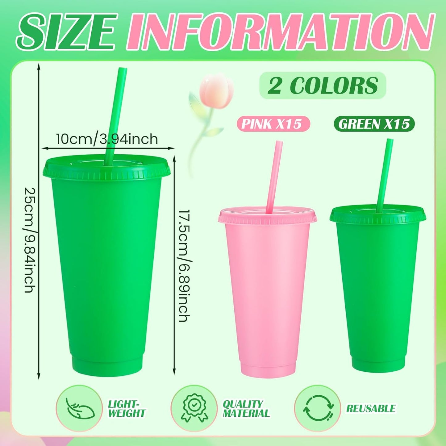 Honeydak 15 Pack Tumbler with Straw and Lid Bulk Cups for Gifts Water Bottle Iced Coffee Travel Mug Cup Reusable Plastic Tumblers for Party Birthdays 24-27 oz (Solid Color)