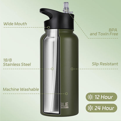 HASLE OUTFITTERS 32 oz Insulated Water Bottle Stainless Steel Double Walled Vacuum Sports Water Bottle with 2 Lids (Straw and Spout Lid) for Gym Camping Hiking(Black,1)