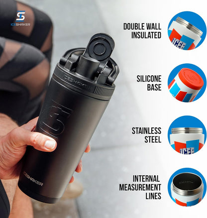 Ice Shaker Insulated Stainless Steel Shaker Bottle | 26oz, Black | Cold for 30+ Hours | Insulated Cup with Twist-on Agitator | Odor-Free Bottle for Protein Shakes, Water, Smoothies, Cocktails