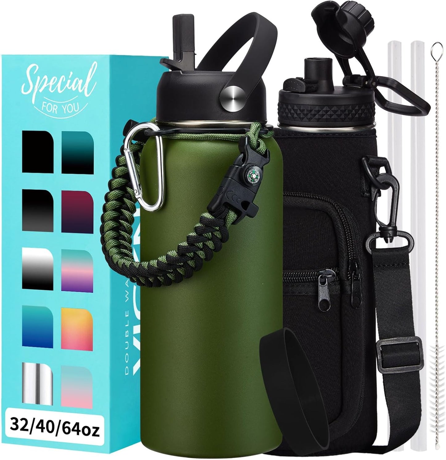 32/40/64OZ Insulated Water Bottle - Keep Cold 48H Hot 24H, Combo Straw/Spout Lids, Paracord Handle for Gym/Hiking, Carrier Bag +Strap, Cup Mat, BPA-Free Stainless Steel Flask Jug