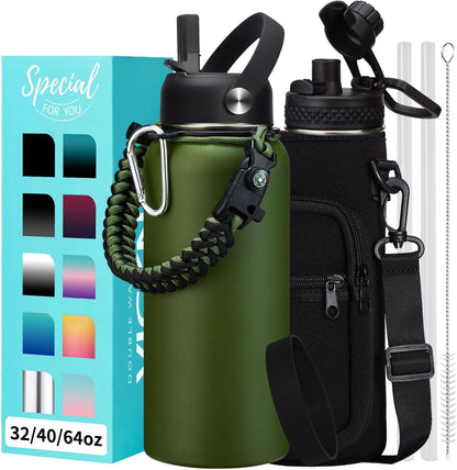 32/40/64OZ Insulated Water Bottle - Keep Cold 48H Hot 24H, Combo Straw/Spout Lids, Paracord Handle for Gym/Hiking, Carrier Bag +Strap, Cup Mat, BPA-Free Stainless Steel Flask Jug