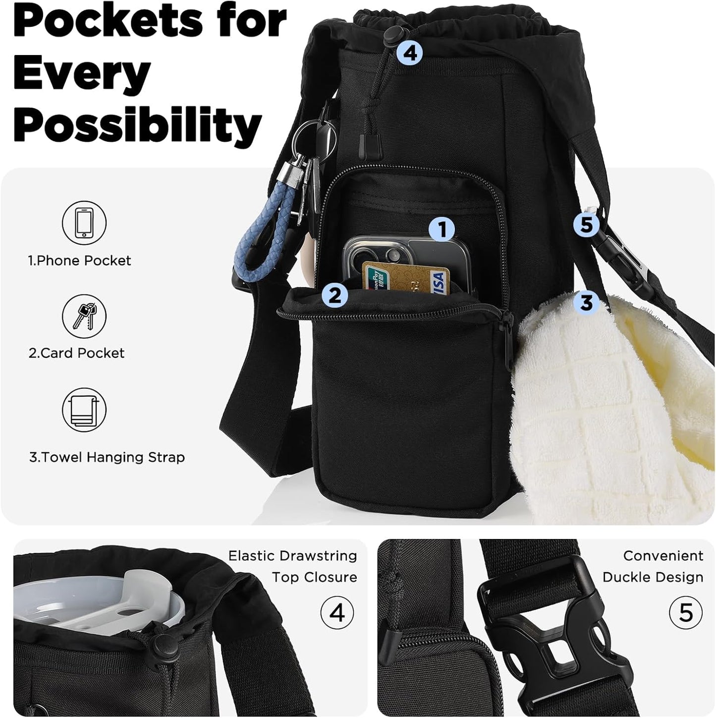 EasyAcc Water Bottle Holder Strap Sling, for Owala FreeSip 24 32 40 oz, Hydro Flask, Cirkul, Yeti, Stanley Flip, Universal Water Bottles, with Carabiner, for Walking Curise Travel (Bottle Excluded)