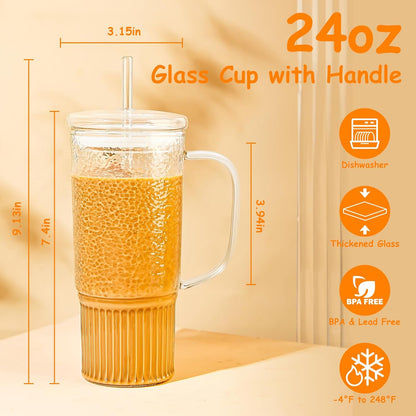 JunVpic Glass Cups with Lids and Straws,24oz Glass Tumbler with Handle Iced Coffee Cup for Coffee,Juice,Tea,Milk,Smoothie,Hot & Cold Drinks (Pink)
