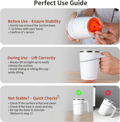 Anti-Impact No-Tip Desk Mug, 470ml / 15.9oz Stainless Steel Vacuum Insulated Mug with Handle, Smart Suction Base, Non-Slip & Knock Proof, Helps Prevent Desk Spills for Coffee, Tea, Kids & Pets (Black)