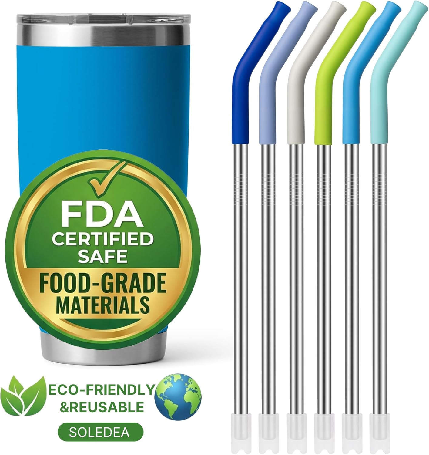 40 oz Straight Metal Straws for 40 oz Stanley Tumbler, 6 Pcs Stainless Steel Reusable Drinking Metal Straw with Colourful Silicone Tips,Straw for Glass Cups, BPA FREE