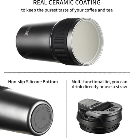 TKK Insulated Coffee Mug with Ceramic Coating, 21oz Iced Coffee Tumbler Cup with Straw Lid Double Wall Vacuum Leak Proof Travel Mug with Strap for Hot and Iced Beverage, Tungsten Steel