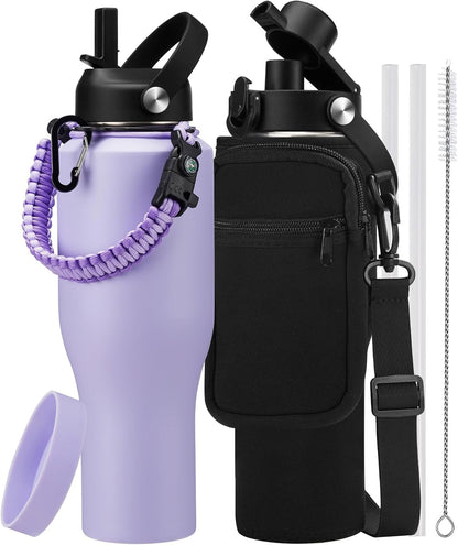 Insulated Water Bottle 40 oz - Fits in any Car Cup Holder, Keep Cold 48H Hot 24H, Stainless Steel Waterbottle Double Wall Flask with Straw, Pop-up Spout Lid, Paracord Handle, Carrier Bag