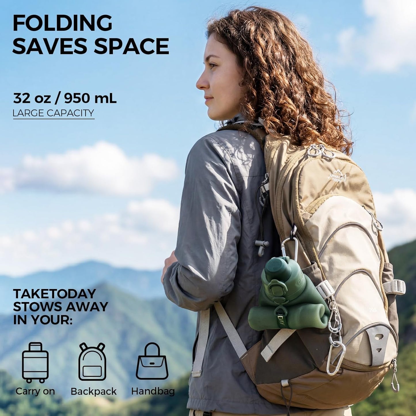 TakeToday Collapsible Water Bottles 32oz, Foldable Travel Bottle, TSA-Approved Leakproof Newly Silicone Water Bottle for Hiking, Travel, Outdoors, Black