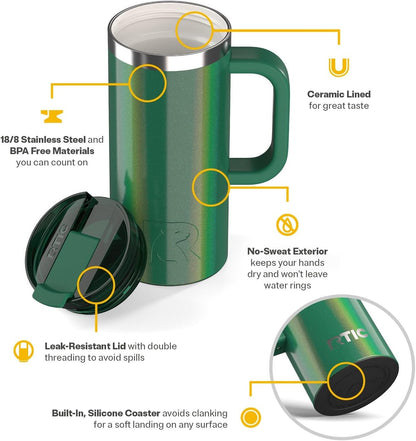 RTIC 20oz Road Trip Travel Mug with Lid and Handle, Ceramic Lined, Insulated, Stainless Steel, Metal, Double Wall Vacuum-Insulation, Portable Coffee, Tea Cup for Hot and Cold Drink, Black