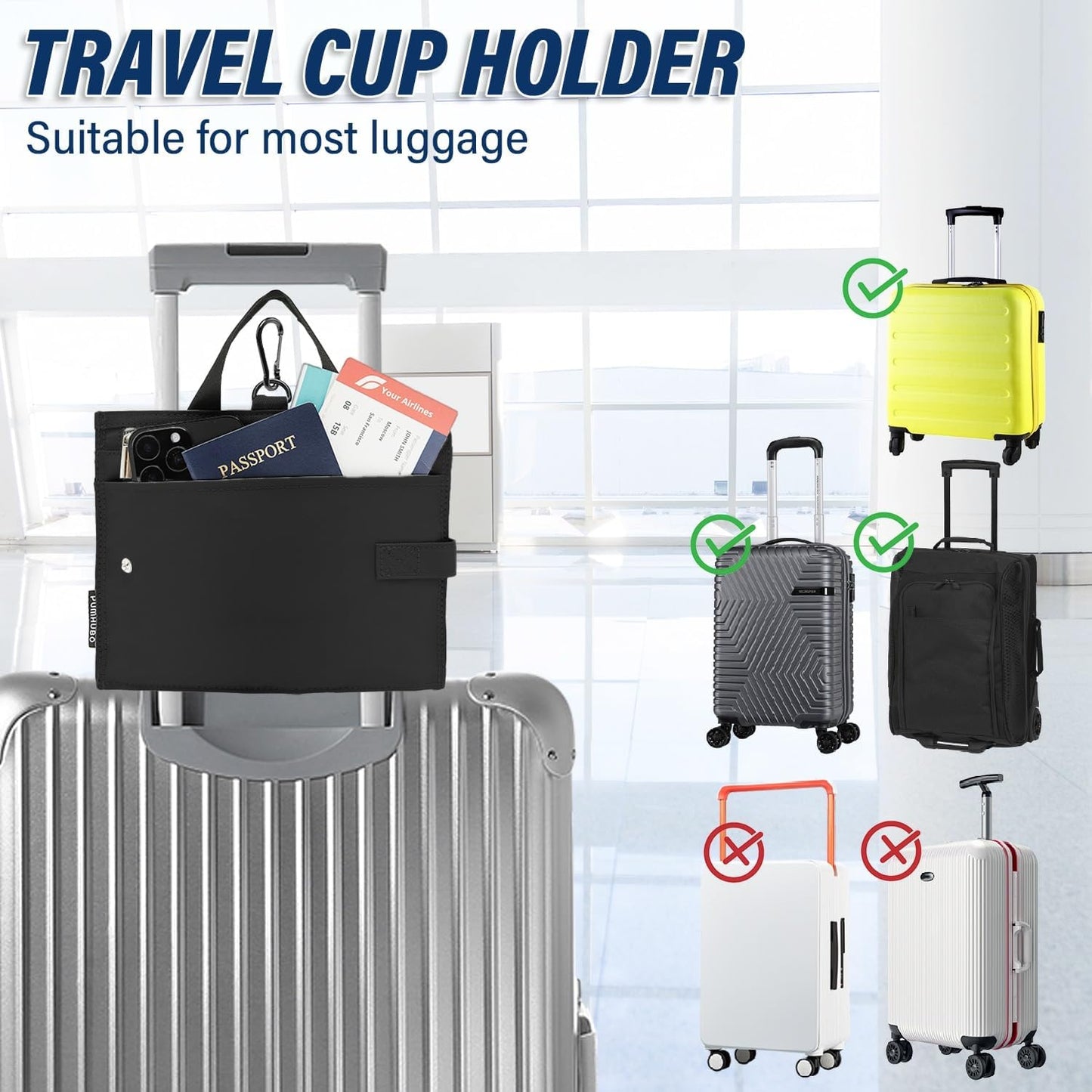 Luggage Cup Holder for Suitcases, Portable Foldable Travel Cup Holder with Handle and Hook, Luggage Drink Holder for Two Coffee Cups,Gift for Flight Attendants
