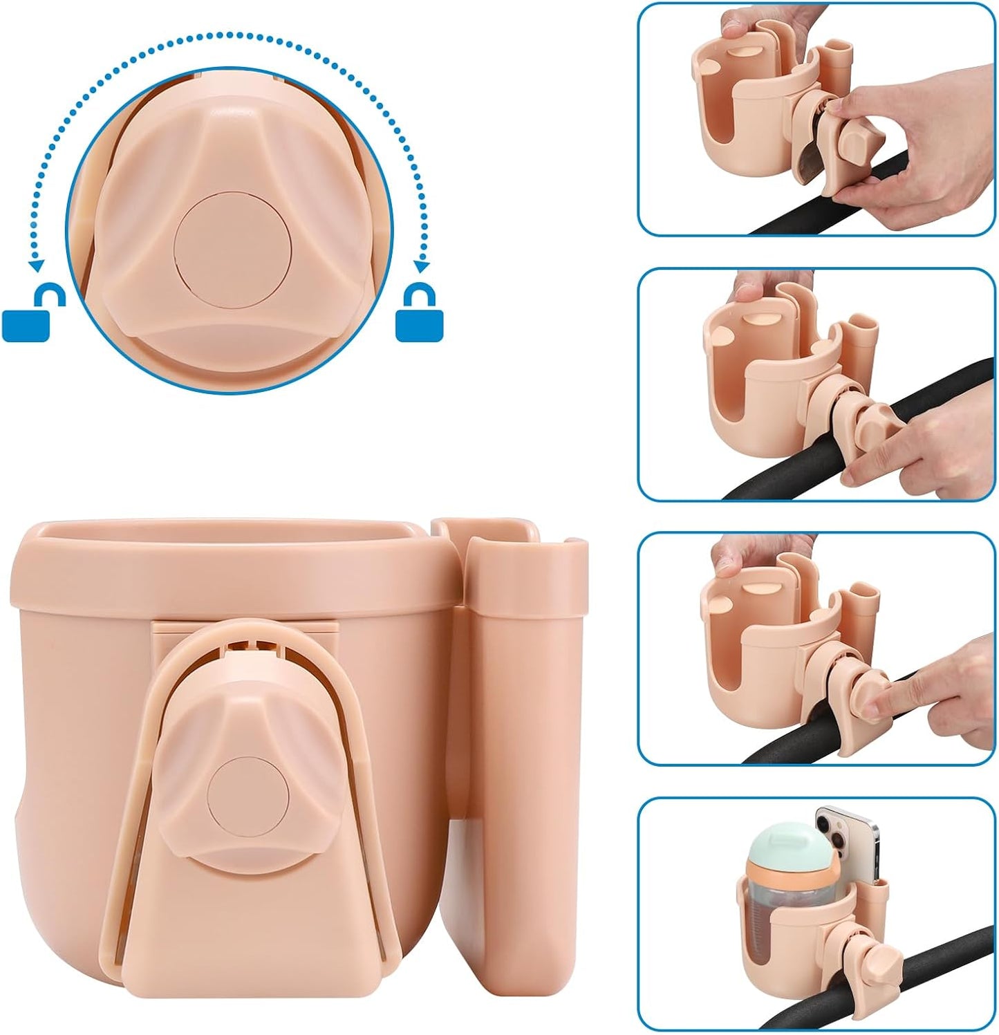 Accmor Stroller Cup Holder with Phone Holder, Bike Cup Holder, Universal Cup Holder for Uppababy Nuna Doona Strollers, 2-in-1 Cup Holder for Walker, Wheelchair, Scooter - Colors A