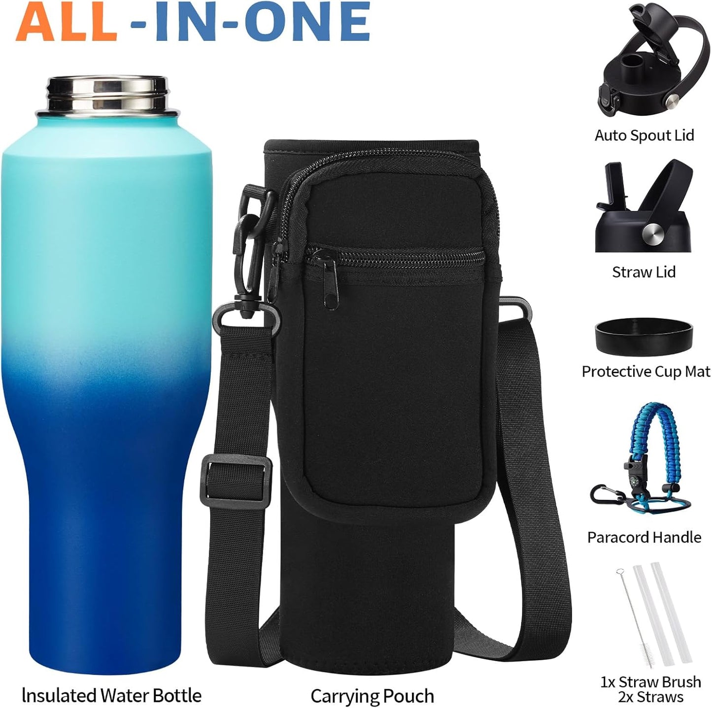 Insulated Water Bottle 40 oz - Fits in any Car Cup Holder, Keep Cold 48H Hot 24H, Stainless Steel Waterbottle Double Wall Flask with Straw, Pop-up Spout Lid, Paracord Handle, Carrier Bag