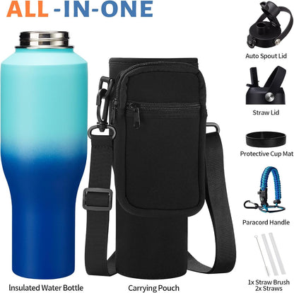 Insulated Water Bottle 40 oz - Fits in any Car Cup Holder, Keep Cold 48H Hot 24H, Stainless Steel Waterbottle Double Wall Flask with Straw, Pop-up Spout Lid, Paracord Handle, Carrier Bag