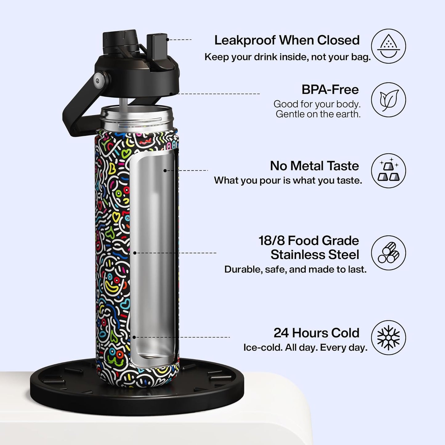 ENCOOL Insulated Water Bottle with Straw Stainless Steel Water Bottle, Leak-Proof, BPA-Free, Double Wall Vacuum Keeps Cold for 24 Hours for Sports, Travel, School (26 oz, Cotton Candy) - Colors A