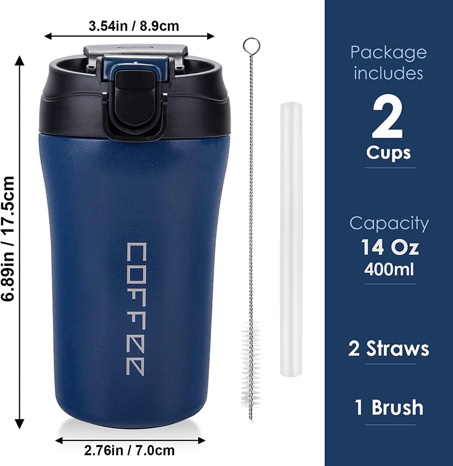 14 oz Travel Coffee Mug, 2 Pack Vacuum Insulated Coffee Travel Mug Spill Proof with Lid and Straw, Stainless Steel Reusable Coffee Tumbler for Hot and Cold Drinks, Gift for Men and Women(Black Grey)