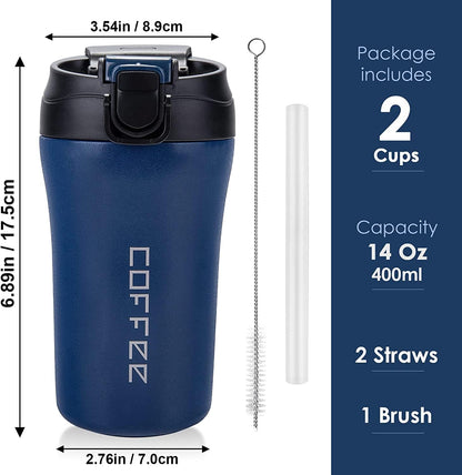 14 oz Travel Coffee Mug, 2 Pack Vacuum Insulated Coffee Travel Mug Spill Proof with Lid and Straw, Stainless Steel Reusable Coffee Tumbler for Hot and Cold Drinks, Gift for Men and Women(Black Grey)