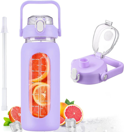 64oz Glass Water Bottles with Straw, Half Gallon Motivational Glass Bottle with Silicone Sleeve and Time Marker, 2L Leakproof Large Glass Water Jug for Gym Home Office,olive
