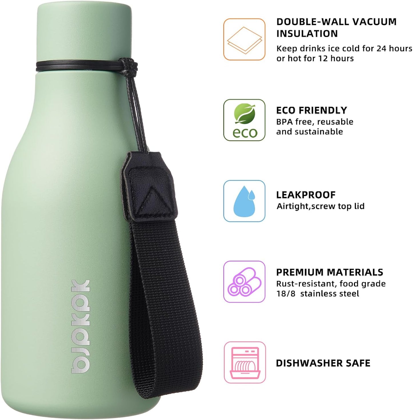 BJPKPK Insulated Water Bottles, 18 oz Stainless Steel Metal Water Bottle with Strap, BPA Free Leak Proof Jugs, Mugs, Flasks, Reusable Thermal Flasks for Sports & Travel, Black - Colors A
