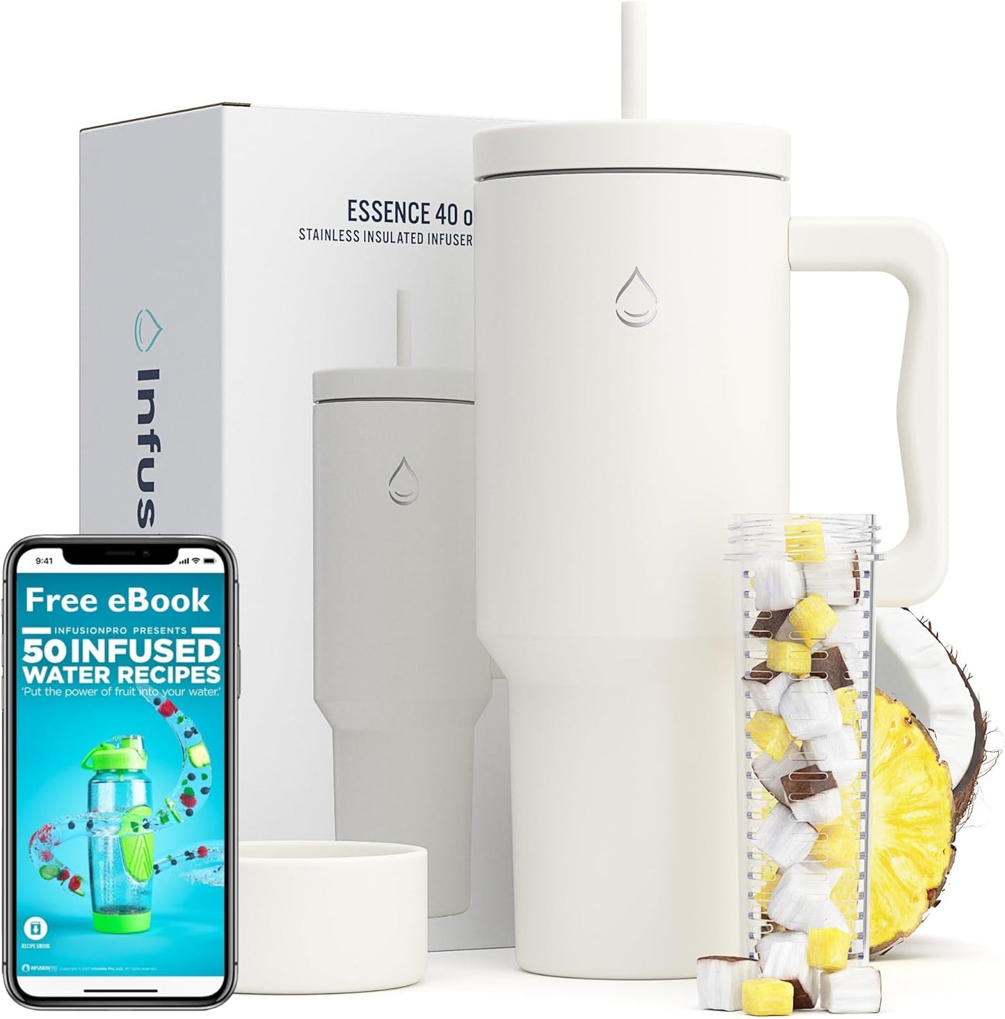 Infusion Pro 40 oz Tumbler with Handle, Fruit Infuser & Straw Lid : 50 Recipe Fruit Infusion eBook : Bottom Boot : Fits Cupholder : Stainless Steel Insulated Travel Mug : Essence (BLUE SURF)