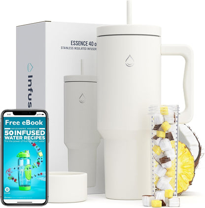 Infusion Pro 40 oz Tumbler with Handle, Fruit Infuser & Straw Lid : 50 Recipe Fruit Infusion eBook : Bottom Boot : Fits Cupholder : Stainless Steel Insulated Travel Mug : Essence (BLUE SURF)