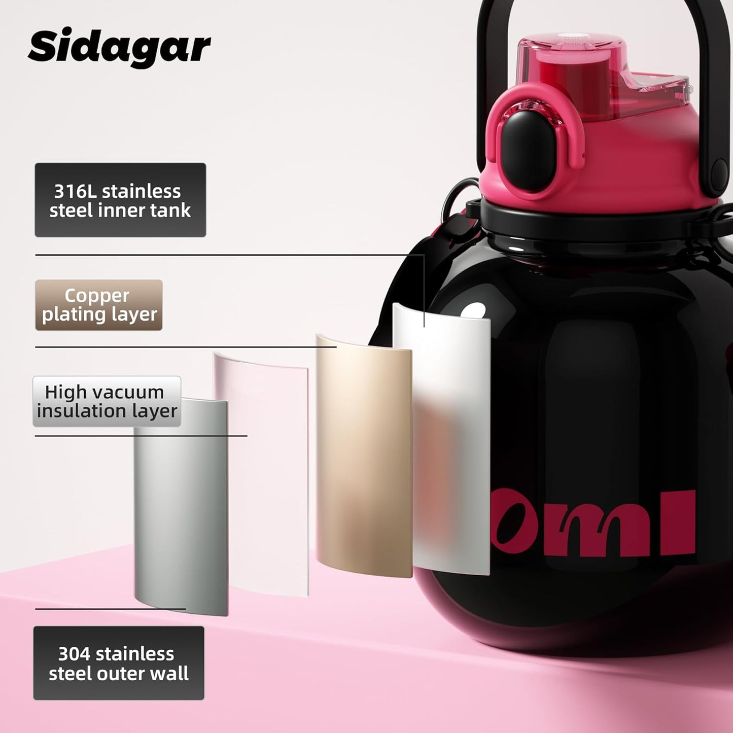 60 oz Big Gallon Water Bottle with Straw and Carry Handle, Black Wide Mouth Vacuum Water Jug, Insulated Stainless Steel Bottles; Heavy-Duty Aesthetic Yoga Flask for Women, Sweet & Cool Black