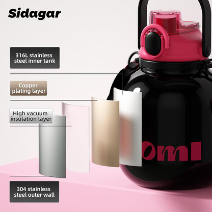 60 oz Big Gallon Water Bottle with Straw and Carry Handle, Black Wide Mouth Vacuum Water Jug, Insulated Stainless Steel Bottles; Heavy-Duty Aesthetic Yoga Flask for Women, Sweet & Cool Black