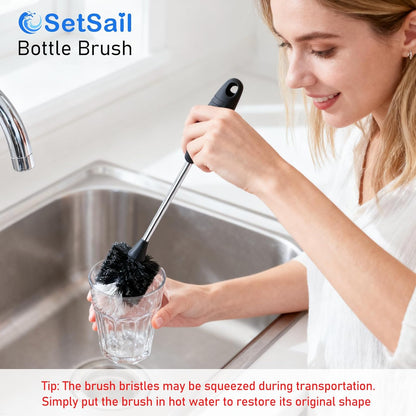 SetSail Bottle Brush of 3 Pack, 14-in Long Stainless Steel Handle Water Bottle Cleaner Brush Non-Slip Grip Bottle Brushes for Cleaning Water Bottles Sport Bottles Coffee Mugs Glasswares Cups, Black