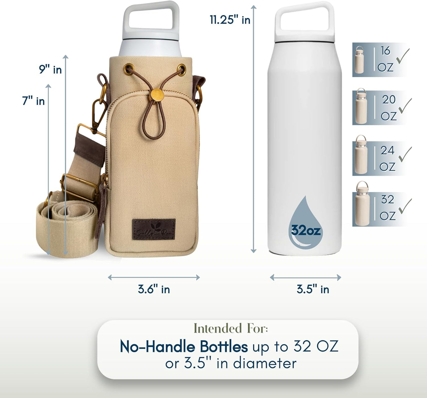 Water Bottle Holder with Strap & Pocket – Crossbody Water Bottle Carrier - Fits 16 to 32 oz Bottles