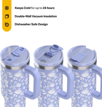 RTIC 30 oz Road Trip Tumbler Double-Walled Ceramic Lined InsulatedStainless Steel Portable Travel Coffee Mug Cup with Lid, Handle and Straw, Periwinkle Bouquet