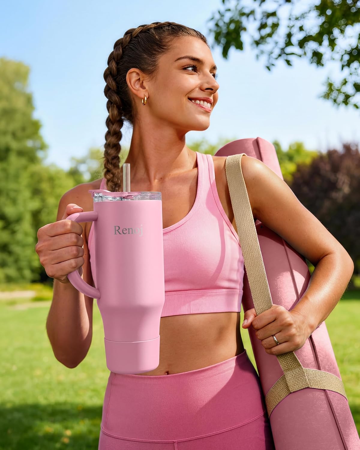 Renoj Insulated Mug 100% Leak Proof Insulated Water Bottle for Iced Coffee & Hot Drinks - Fits Car Cup Holder, Ideal Gift, 2 Straws & Silicone Boot - SnapShift Pink 32 oz