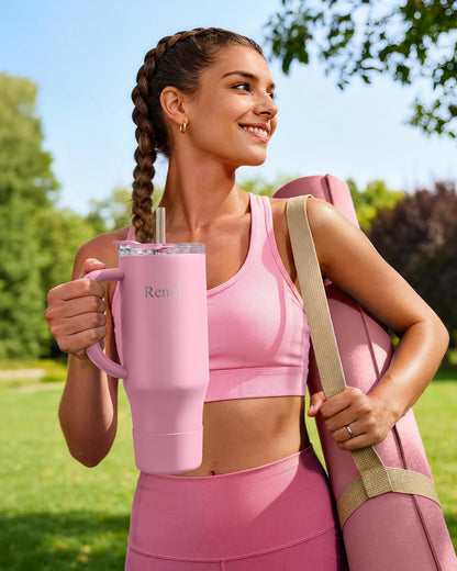 Renoj Insulated Mug 100% Leak Proof Insulated Water Bottle for Iced Coffee & Hot Drinks - Fits Car Cup Holder, Ideal Gift, 2 Straws & Silicone Boot - SnapShift Pink 32 oz