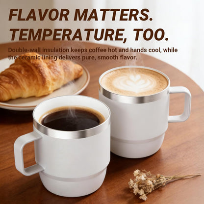 8 oz Small Coffee Mug with Magnetic Sliding Lid & Handle, Ceramic-Lined 18/8 Stainless Steel, Double-Wall Vacuum Insulated, Stackable, Dishwasher Safe, Mini Coffee/Tea Cup, 2 Pack, Black